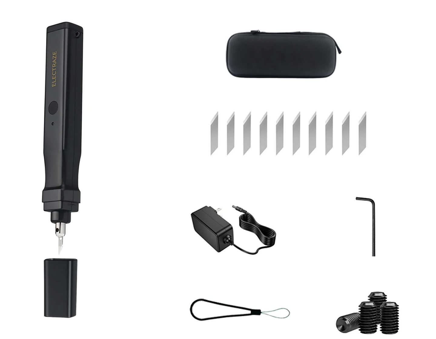 Cutting handle, case, blades, power adapter, hex key, lanyard and screws